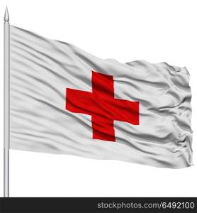 Red Cross Flag on Flagpole , Flying in the Wind, Isolated on White Background