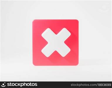Red cross mark symbols icon element. Symbol No or X shape button for correct sign in square not approved, Simple mark graphic design on white background, stop symbol, 3D rendering illustration