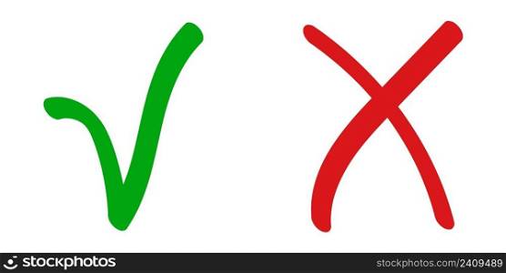 Red cross x wrong sign rejected and green check mark tick icon approval confirmation hand drawn