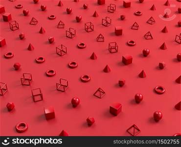 Red cubes, spheres, pyramids and geometrical shapes and form on red background. Abstract background. 3d illustration. Red cubes, spheres, pyramids and geometrical shapes and form on red background. Abstract background. 3d render