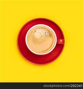 Red cup of coffee on yellow background, flat lay. Red cup of coffee on yellow background