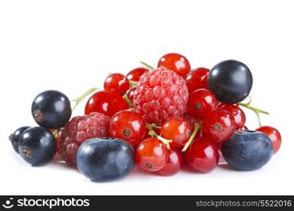 red currant, black currant, raspberry and blueberry on white background