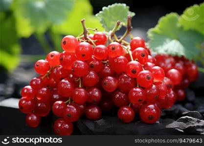 Red currants growing on a bush in the garden. Generative AI