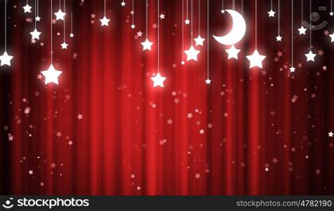 Red curtain. Background conceptual image of red curtain with stars and moon