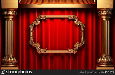 red curtains, gold columns and frames made in 3d