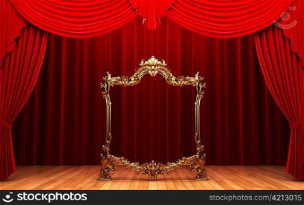red curtains, gold frame made in 3d