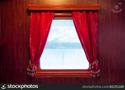 Red curtains on the window isolated on white. Drapes from ancient train