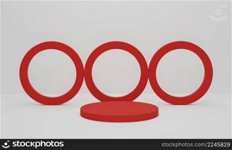 Red cylinder podium on white background. Abstract minimal scene geometric platform. Shaped podium for products display. 3d render, 3d illustration.