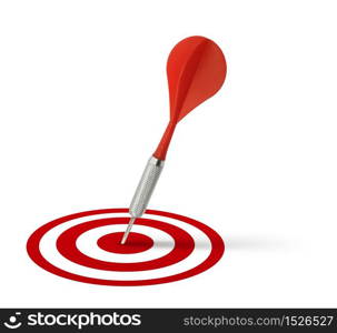 Red dart hitting target center on white background isolated