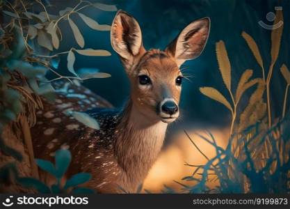 Red deer stag between ferns in autumn forest. Neural network AI generated art. Red deer stag between ferns in autumn forest. Neural network AI generated