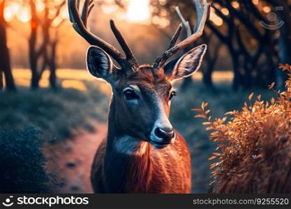 Red deer stag between ferns in autumn forest. Neural network AI generated art. Red deer stag between ferns in autumn forest. Neural network AI generated