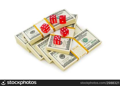 Red dice and dollars isolated on white