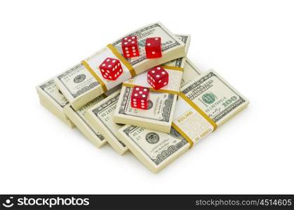 Red dice and dollars isolated on white