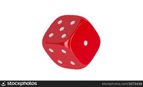 Red dice spin on white background