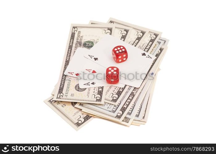 red dice with four aces and dollars