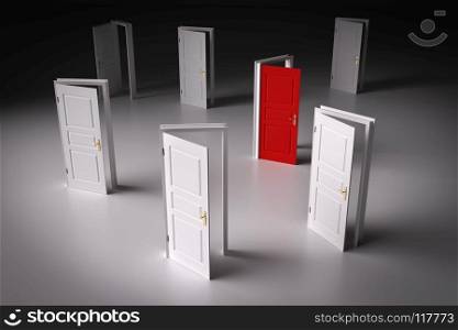 Red door among other white ones. Concepts of decision making, different opportunities etc. 3D illustration. Red door among other white ones. Decision making