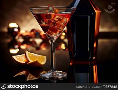 Red dry martini cocktail with ice and oranges on dark restaurant table with bottle.AI Generative