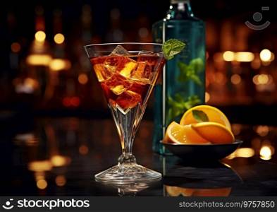 Red dry martini cocktail with ice and oranges on dark restaurant table with bottle.AI Generative