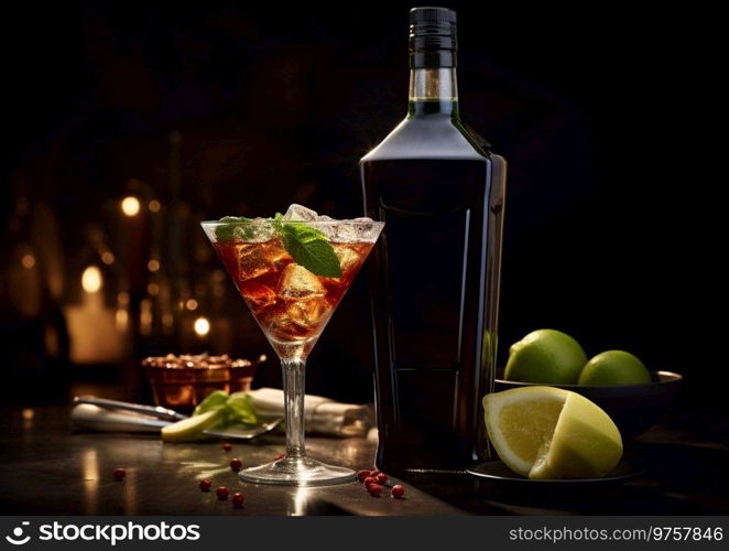Red dry martini glass with ice and mint leaf on dark table with bottle.AI Generative