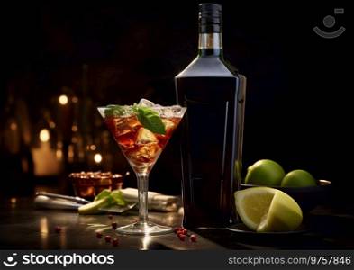 Red dry martini glass with ice and mint leaf on dark table with bottle.AI Generative