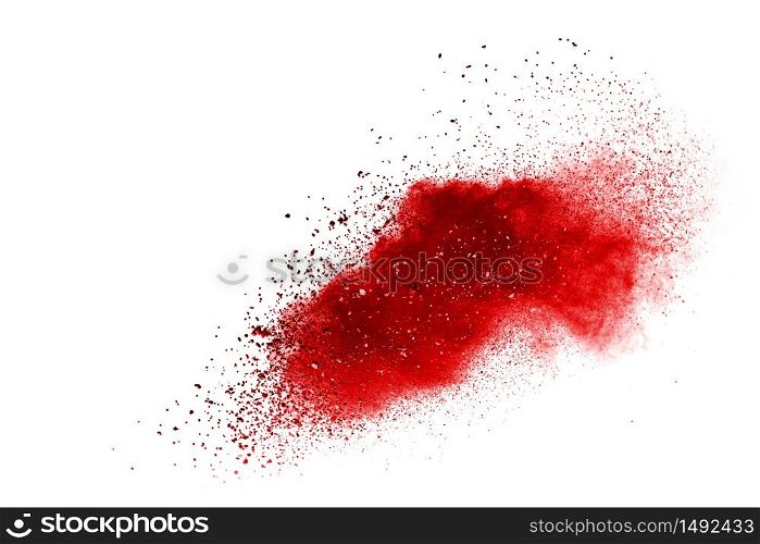 Red dust particle splash isolated on white background.