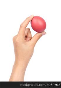 red easter egg in hand on white background