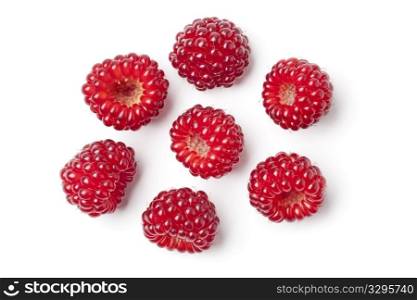 Red edible Japanese Wineberries Rubus phoenicolasius on white background