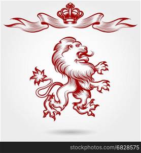 Red engraving lion and crown sketch. Hand drawn royal lion sketch. Vector red engraving lion and crown ribbons