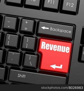 Red enter button on computer keyboard, Revenue word. Business concept