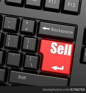 Red enter button on computer keyboard, sell word, 3D rendering