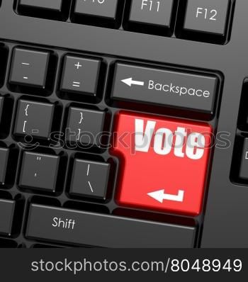 Red enter button on computer keyboard, Vote word, 3D rendering