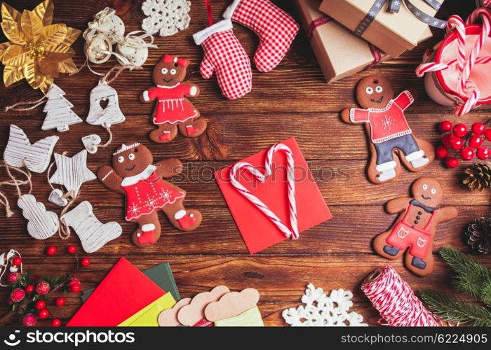 Red envelope on the table, waiting for Christmas greeting card