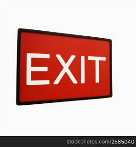 Red exit sign against white background.