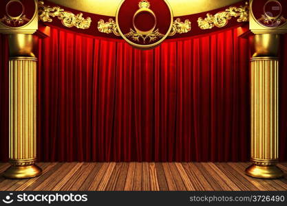 red fabric curtain on golden stage