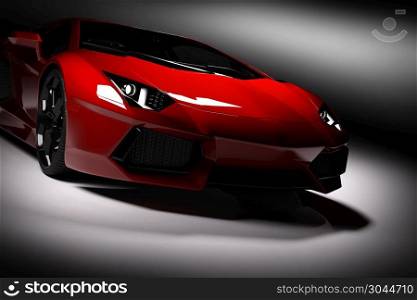 Red fast sports car in spotlight, black background. Shiny, new, luxurious. 3D rendering. Red fast sports car in spotlight, black background. Shiny, new, luxurious.