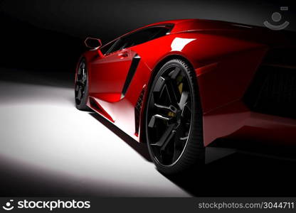 Red fast sports car in spotlight, black background. Shiny, new, luxurious. 3D rendering. Red fast sports car in spotlight, black background. Shiny, new, luxurious.