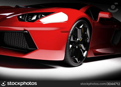 Red fast sports car in spotlight, black background. Shiny, new, luxurious. 3D rendering. Red fast sports car in spotlight, black background. Shiny, new, luxurious.