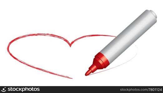 Red felt-tip pen draws a heart. Heart and a red felt-tip