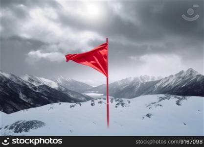 Red flag on snow mountain. Top peak success. Generate Ai. Red flag on snow mountain. Top peak success