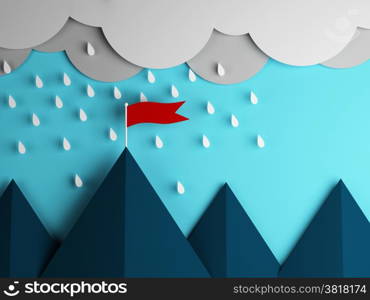 red flag on the mountain and clouds with rain