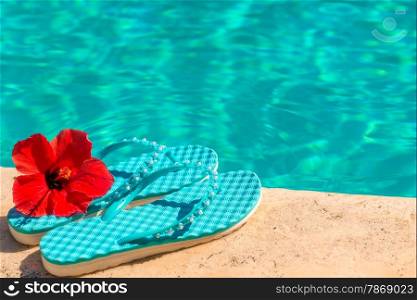 red flower and flip flops at the edge of the pool