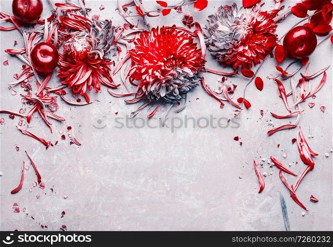Red flowers and fruits border on light gray background, top view, frame. Floral layout, flat lay with copy space for your design