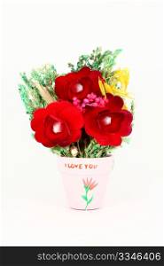 Red flowers in a pot with text, isolated on white