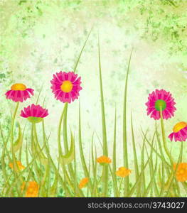 Red flowers meadow grunge green background