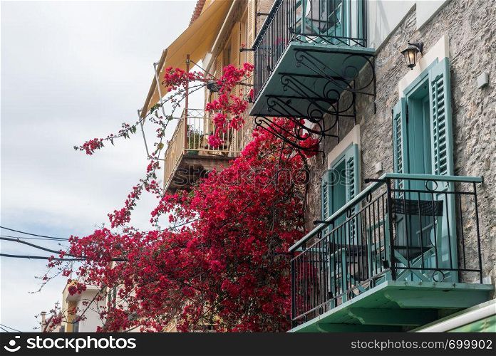 Red flowers on balconies above narrow streets in the old town in the city of Nafplio in Greece. Narrow streets in Old Town of Nafplio