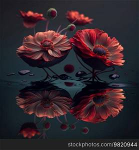 Red flowers reflected in water Illustration Generative AI