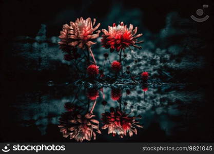 Red flowers reflected in water Illustration Generative AI