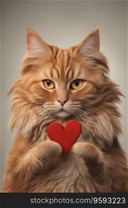 red fluffy cat holding a big heart in its paws, cat love 