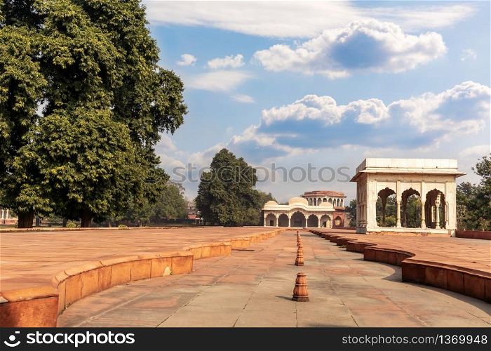 Red Fort Delhi inner courtyard, India, sunny day view.. Red Fort Delhi inner courtyard, India, sunny day view