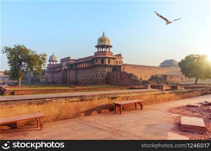 Red Fort of Agra courtyard, sunrise view, India.. Red Fort of Agra courtyard, sunrise view, India